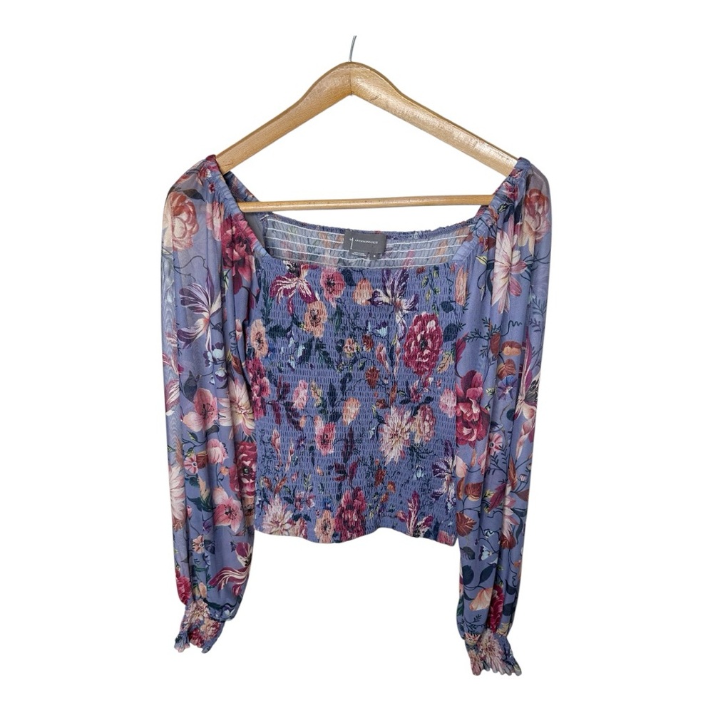 Anthropologie Rouen Smocked Mesh Top Size Medium Purple Floral Cropped - Picture 4 of 13